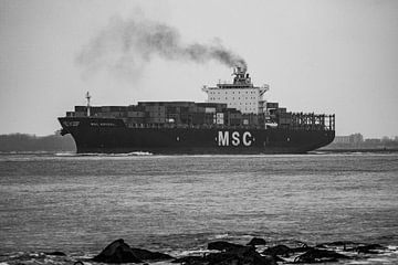 Containerschip onderweg op de Nieuwewaterweg zwart wit. van scheepskijkerhavenfotografie
