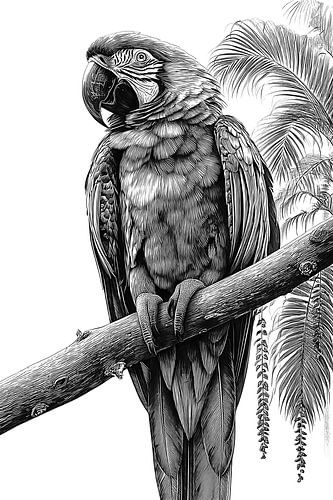 Tropische ara zitstok Gedetailleerde vintage lijntekening
