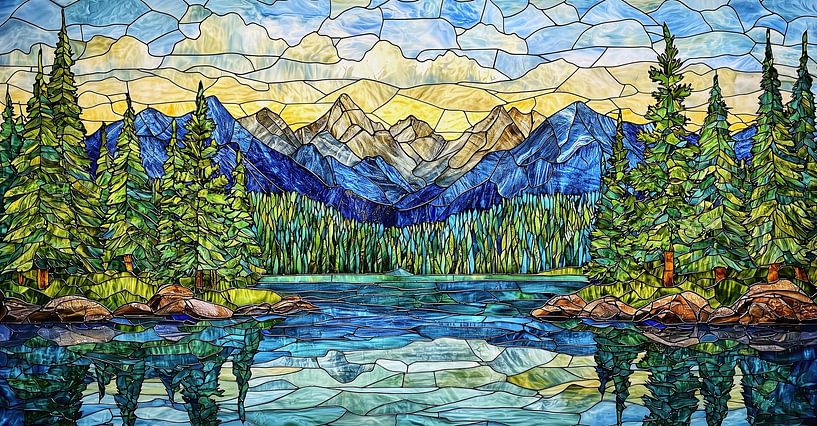 Buntglasfenster mit Bergsee und Pinien von Frank Heinz