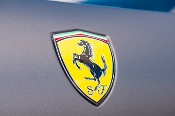 Ferrari badge met het steigerende paard op een matte grijze Ferrari California van Sjoerd van der Wal