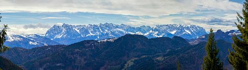 Panoramic view of the snow-covered Alps photographed from the Hochgern summit, on Lake Chiemsee in the Chiemgau mountains in Bavaria