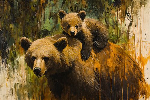 Welp op moederberenrug