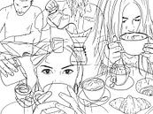 Geen dag zonder koffie (pentekening portret vrouw man line art lijntekening cappuccino espresso) van Natalie Bruns thumbnail