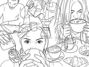 Kein Tag ohne Kaffee (Federzeichnung Porträt Frau Mann Strichzeichnung Strichzeichnung Cappuccino Es von Natalie Bruns