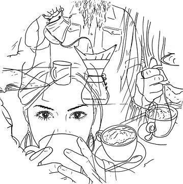 Geen dag zonder koffie (pentekening portret vrouw man line art lijntekening cappuccino espresso) van Natalie Bruns