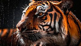 Tijger in de regen met regendruppels