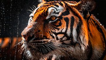 Tiger in the rain with raindrops by Mustafa Kurnaz