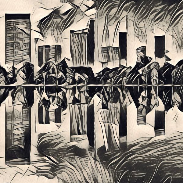 Ink art - skyline in beige zwart - 2 van 2 van Emiel de Lange