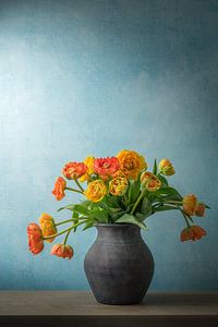 Still life with peony tulips by John van de Gazelle