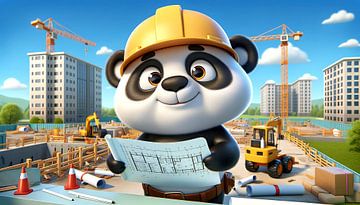 Kleine panda als bouwplaatsmanager op een grote bouwplaats van artefacti