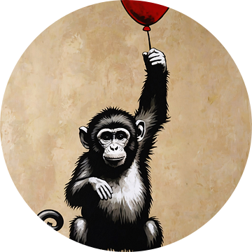 Chimpansee met rode ballon op beige achtergrond van De Muurdecoratie