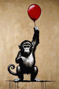 Chimpanzee with red balloon on beige background by De Muurdecoratie