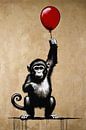 Chimpanzee with red balloon on beige background by Art & Soul Creations thumbnail