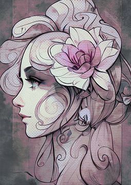 Portrait lady with pink flower in her hair by Emiel de Lange