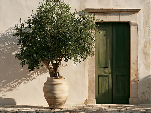 Porte verte avec un olivier