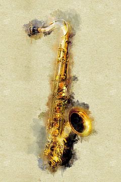 Vintage Gouden Jazz Saxofoon in Waterverf van Andreea Eva Herczegh