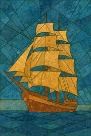 Cubist sailing ship in shades of gold by Sabine Wagner