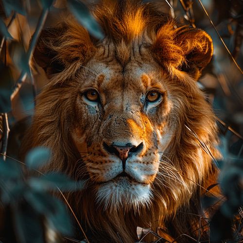 Close-up van een majestueus leeuwengezicht te midden van het gebladerte