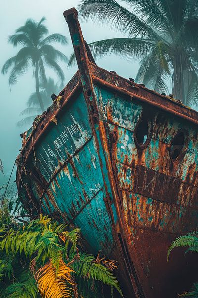 Verrostetes Boot im Nebel von Poster Art Shop