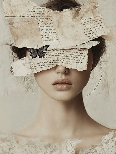 Vintage-Collage, Porträt mit Schmetterling von Carla Van Iersel