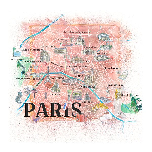 Illustrierte Karte von Paris Frankreich mit Hauptstraßen, Sehenswürdigkeiten & Highlights von Markus Bleichner