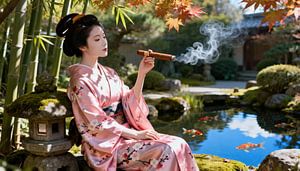 Geisha im japanischen Garten beim Rauchen einer Zigarre