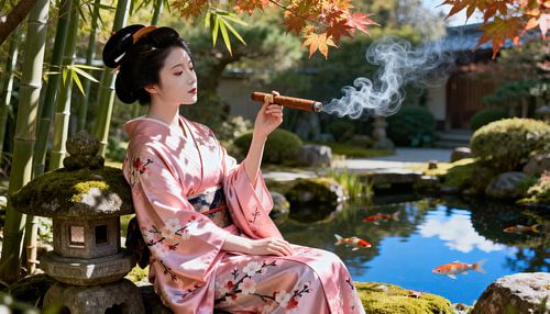 Geisha im japanischen Garten beim Rauchen einer Zigarre von Egon Zitter