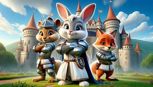 De fiers animaux-chevaliers devant le grand château