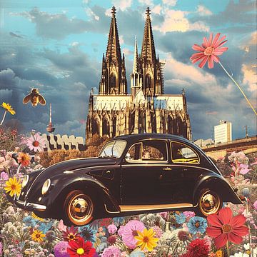 Collage VW Kever Keulen Kathedraal Bloemen Bijen Brug surrealistisch van gm_designs