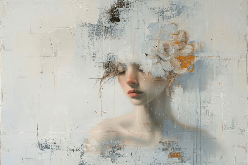 Modernes Porträt mit Blumen in Pastellfarben von Carla Van Iersel