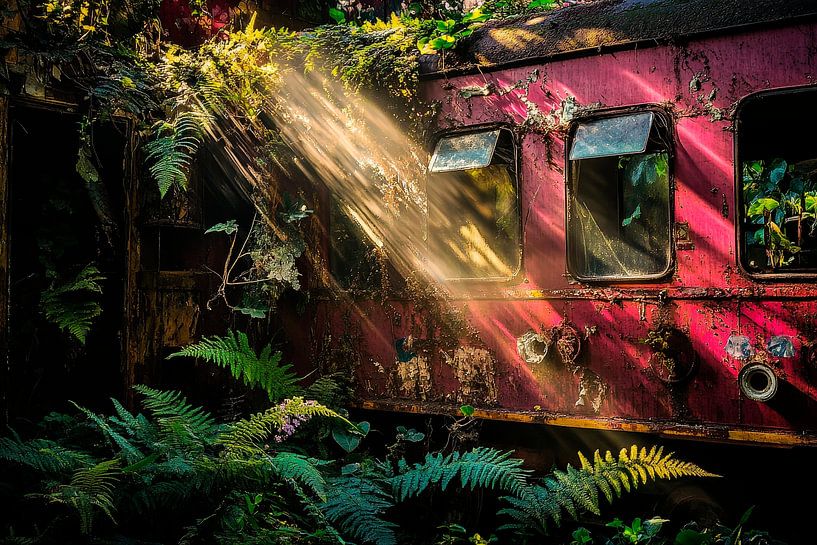 Train abandonné dans la lumière de la jungle par Poster Art Shop