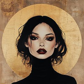 Golden Muse; portrait of a woman in black with a golden halo on a beige background and red lips by Bianca ter Riet