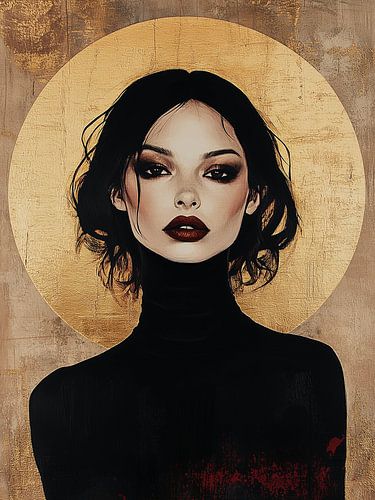 Muse d'or ; portrait d'une femme en noir avec un halo doré sur un fond beige et des lèvres rouges