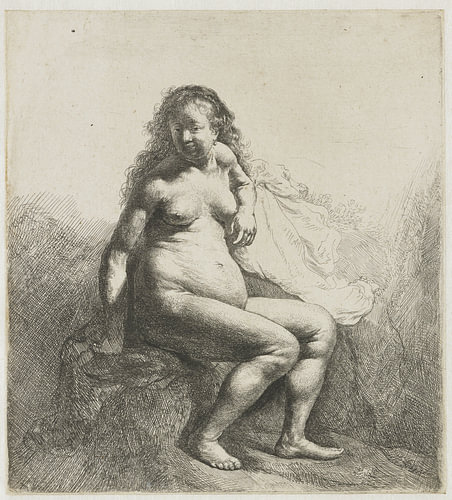 Naakte vrouw, gezeten op een verhoging, Rembrandt van Rijn