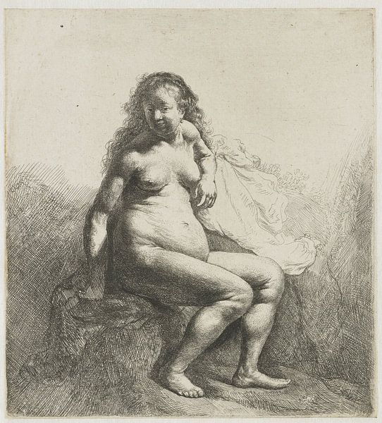 Nackte Frau, auf einer Plattform sitzend, Rembrandt van Rijn von Ed z'n Schets