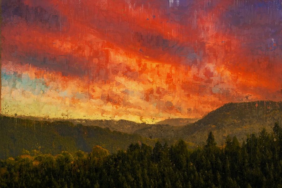 Geschilderde zonsondergang over de heuvels van Luxemburg