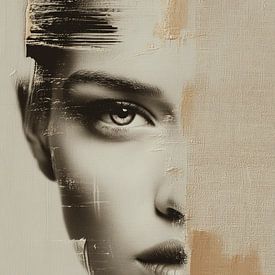 Hidden Gaze, portrait abstrait en beige sur Carla Van Iersel