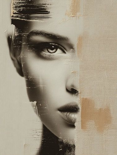 Hidden Gaze, portrait abstrait en beige sur Carla Van Iersel