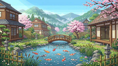 Le village des carpes koï sous les cerisiers en fleurs — Pixel art japonais