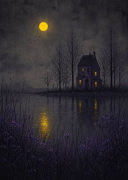 Melancholic Gothic Lakeside House Under Golden Moonlight