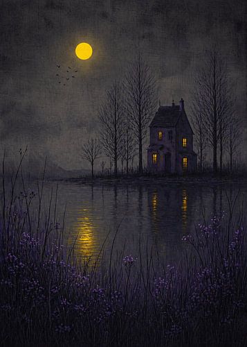 Melancholic Gothic Lakeside House Under Golden Moonlight