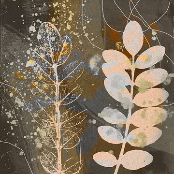 Abstracte retro botanische bladeren in bruin, goud, wit, zilver, roest