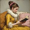Eine junge Frau liest ein Buch über alte holländische Meister im neuen Stil. von J.a Dijkstra