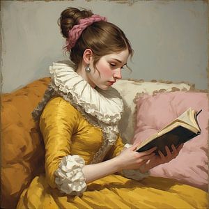 Eine junge Frau liest ein Buch über alte holländische Meister im neuen Stil.