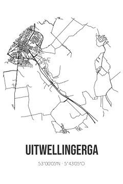 Uitwellingerga (Fryslan) | Carte | Noir et blanc sur Rezona