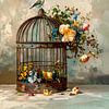 Romantisches Gemälde: Kleiner Vogel auf antikem Käfig mit Blumen von Studio Pieternel