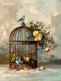 Romantic painting: Little bird on antique cage with flowers