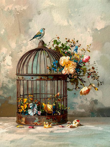 Romantisches Gemälde: Kleiner Vogel auf antikem Käfig mit Blumen von Studio Pieternel