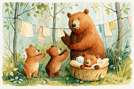 Woodland Friends – A family of bears doing the washing in the woods by Floral Abstractions