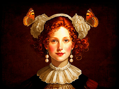 Portrait of a young woman with pearls and butterflies in a classical style